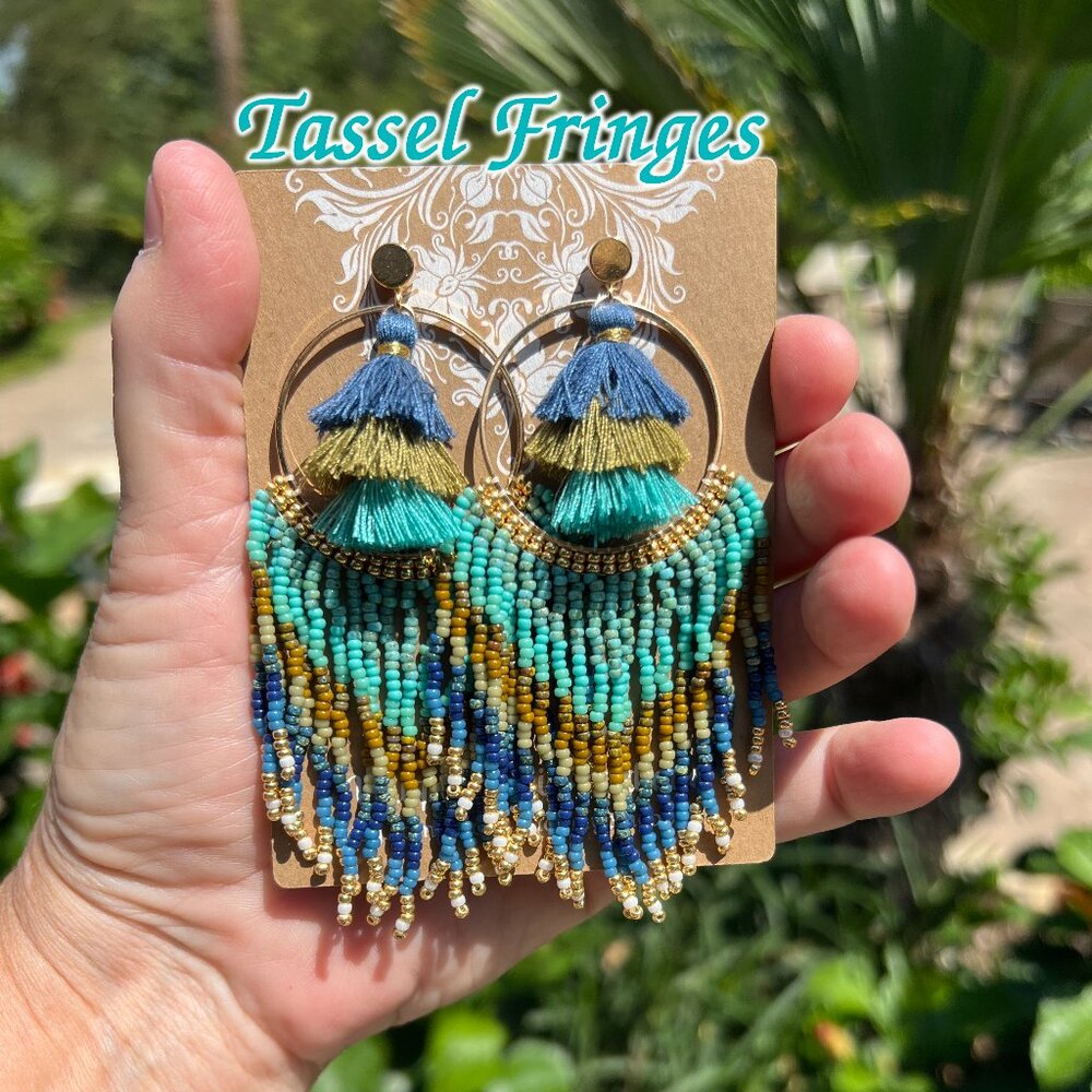 Handmade Beaded Long Tassel Fringe Dangle Drop Lightweight Post Hoop Earrings